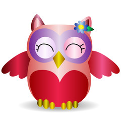 Nice pink smiling owl with a lilac flower on the ear