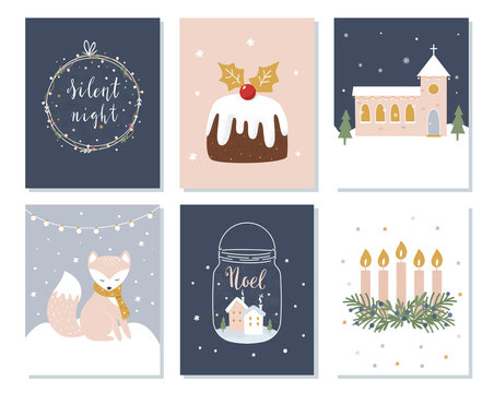 Set of Christmas and Winter Holidays Cards. Advent Wreath, Church and Lettering Signs. Vector Illustration