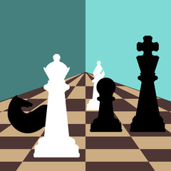 Chess background with chessboard, figures in the game. 