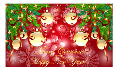 Rectangle red Christmas background with snowflakes, coniferous branches in the corners, decorated with golden balls, stars, ribbons. The inscription of Merry Christmas and a Happy New Year