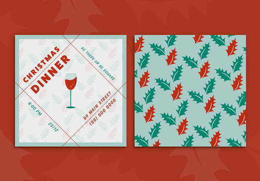 Christmas Dinner Invitation Card with Holly and Wine Glass