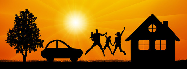 Happy family in a jump surrounded by nature near a house, car, tree. Man and woman with children at sunset vector silhouette.