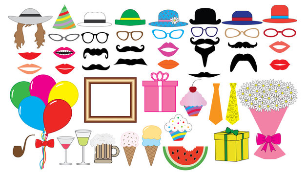 Birthday party set. Vector. Hat, cap, glasses, lips, mustaches, tie, balloons, bouquet and etc., icons.