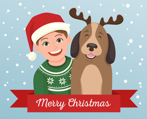 Christmas greeting card of a girl with his dog. The girl is wearing a Santa Claus hat and the dog wears a diadem with reindeer horns. Vector illustration.