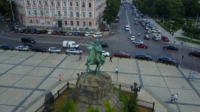 aerial view of Sofiyskaya Square, Bohdan Khmelnytsky Monument in Kiev, Ukraine.