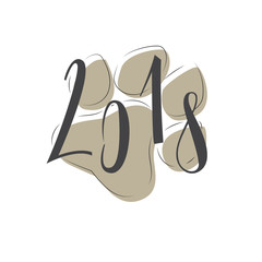 The lettering-2018 and the footprint of the dog are isolated on a white background. Vector illustration on holiday themes. Year of the dog. Happy New Year.