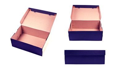Different point of view of blank box with lid on white background