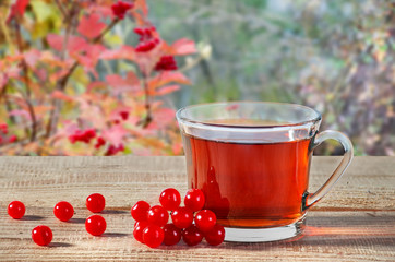 Tea with viburnum berries on wooden table