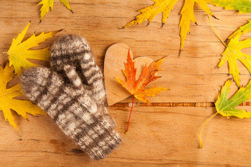 Autumn composition with cup coffee