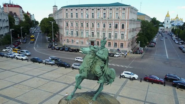 aerial view of Sofiyskaya Square, Bohdan Khmelnytsky Monument in Kiev, Ukraine.