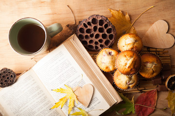 Fresh muffin close up on wood desk