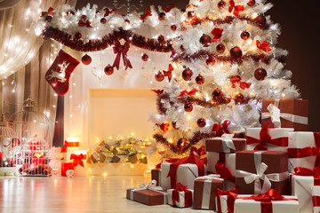 Christmas Tree Lights, Xmas Fireplace Living Room Scene, Holiday Interior Decoration