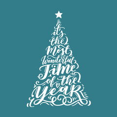 Vector Christmas vintage tree of holidays lettering on blue background. Merry Christmas text for invitation and greeting card, prints and posters. Holidays calligraphic design