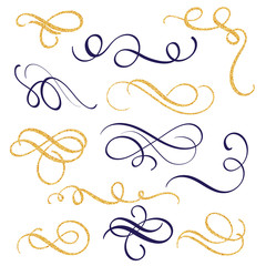 Hand drawn gold and black ink swirls and flourishes. Vector illustration Calligraphic design elements