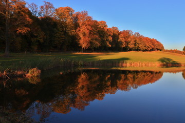 Beautiful autumn landscape at the pond. Colorful trees with blurred, out of focus reflection in the water.