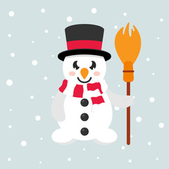 cartoon cute snowman with scarf and broom