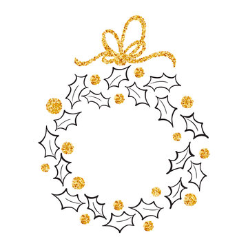 Round Frame Of Doodle Christmas Wreath Ilex With Gold Bow