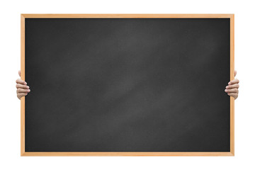 hands holding empty  chalkboard for showing something on white background.