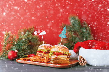 Fototapeta na wymiar delicious homemade Christmas burgers with a juicy veal cutlet
