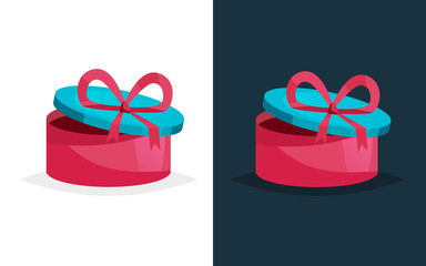 Festive gift in round box with colored pattern and ribbon.