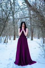 Fototapeta na wymiar A young woman in an elegant burgundy evening dress in winter among trees and snow conceals a riddle