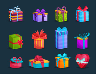 Set of colorful gift boxes with bows and ribbons.