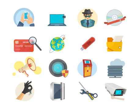 Set of icons hacker attack, internet security, protection, information technology.