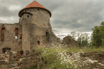 Fototapeta na wymiar Ruins of medieval fortress in summer day in Europe. Latvia, Cesis.