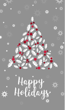 Christmas vertical banner with invitation text, merry christmas. greeting Christmas card with Holly leaves and berries on a red background. Vector illustration