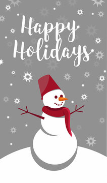 Vector decorative elements and cards for Christmas and new year holidays.winter landscape with a happy snowman with open arms and snowfall.Christmas vector greeting card with hand lettering text