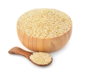 white sesame in wooden bowl on white background