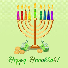 Postcard for greetings with Festival of Lights, Feast of Dedication Hanukkah. Menorah with colorful candles, dreidels and golden coins on green halftone background. Vector illustration