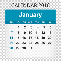 January 2018 calendar. Calendar sticker design template. Week starts on Sunday. Business vector illustration.