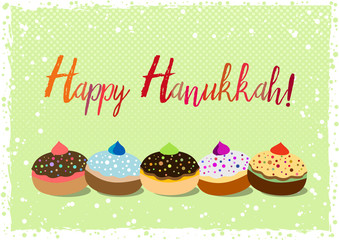 Postcard for greetings with Festival of Lights, Feast of Dedication Hanukkah. Grunge hand written greeting with jewish sufganiots on green halftone background with snow. Vector illustration