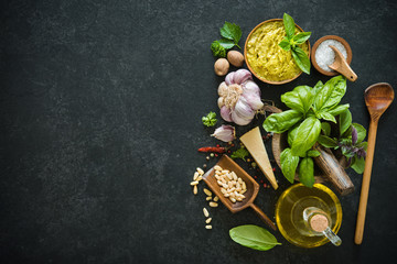 Ingredients for homemade green basil pesto