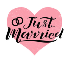 Hand drawn Just married custom lettering text on background, vector illustration.