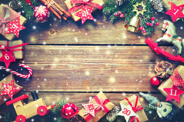 Christmas presents on wooden background