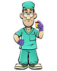Cartoon doctor is a container for urine analysis.