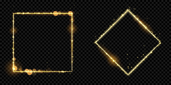 Golden frame squares of gold glitter light particles. Vector shiny sparkling square rhombus line square with glowing magic neon light effect on black banner background