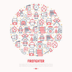 Fototapeta premium Firefighter concept in circle with thin line icons: fire, extinguisher, axes, hose, hydrant. Modern vector illustration for banner, web page, print media.