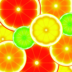 Fresh ripe sliced citrus fruits: grapefruit, orange, lemon, lime. Colorful background, vector illustration