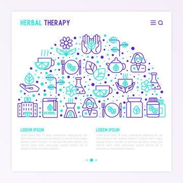 Herbal therapy concept in half circle with thin line icons: herbalist, decoction, aromatic oil, oil burner, tea. Vector illustration for banner, web page, print media.