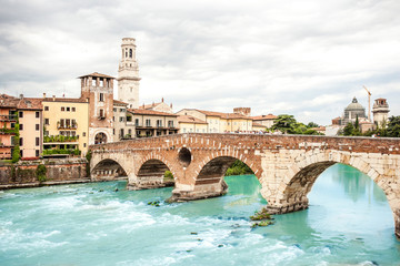  Verona.  Bridge Ponte Pietra in Verona on Adige river.