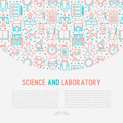 Fototapeta na wymiar Science and laboratory concept with thin line icons of scientist, dna, microscope, scales, magnet, respirator, spirit lamp. Vector illustration for banner, web page, print media.