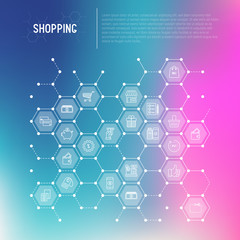 Shopping concept in honeycombs with thin line icons: cashbox, payment, pos terminal, piggy bank, sale, currency, credit card, trolley. Vector illustration for banner, print media.