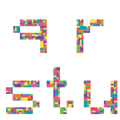 Q, r, s, t, u alphabet lowercase letters from children building block icon set