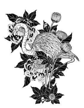 Flamingo with Chrysanthemum vector by hand drawing.Birds and flower tattoo highly detailed in line art style.Flower tattoo black and white concept.