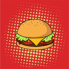 Delicious Hamburger, Junk Food, Pop Art Vector Design, Illustration
