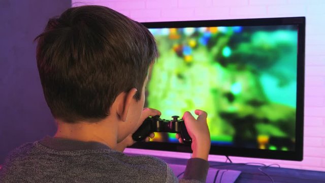 Rear view of a little boy playing MMORPG video game at his computer