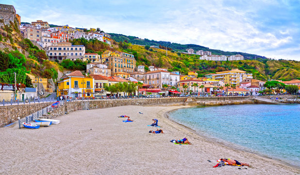  the beach and the promenade along with bathers and tourists Pizzo Calabro Italy